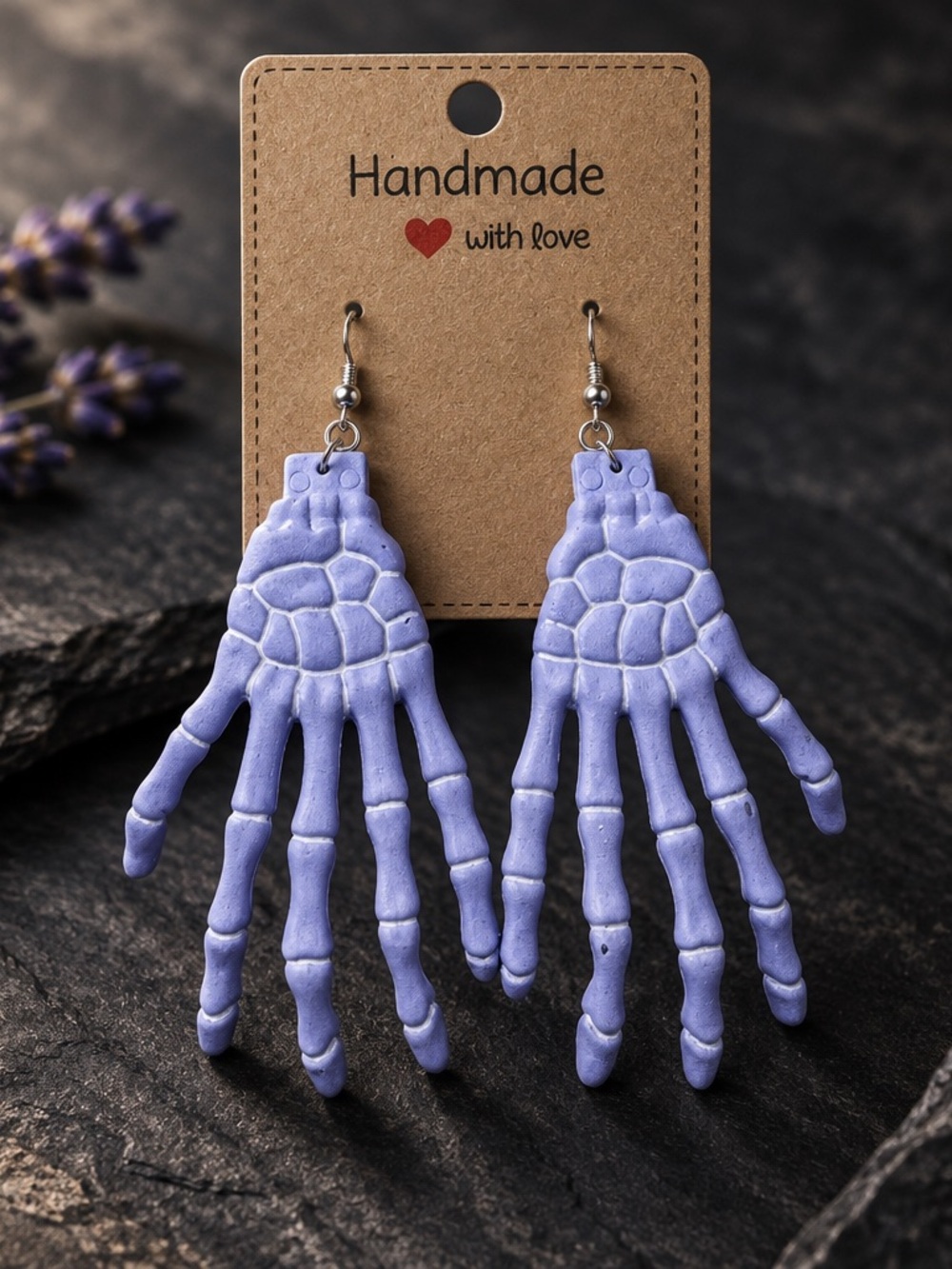 Lavender Skeleton Hand Drop Earrings - Handmade